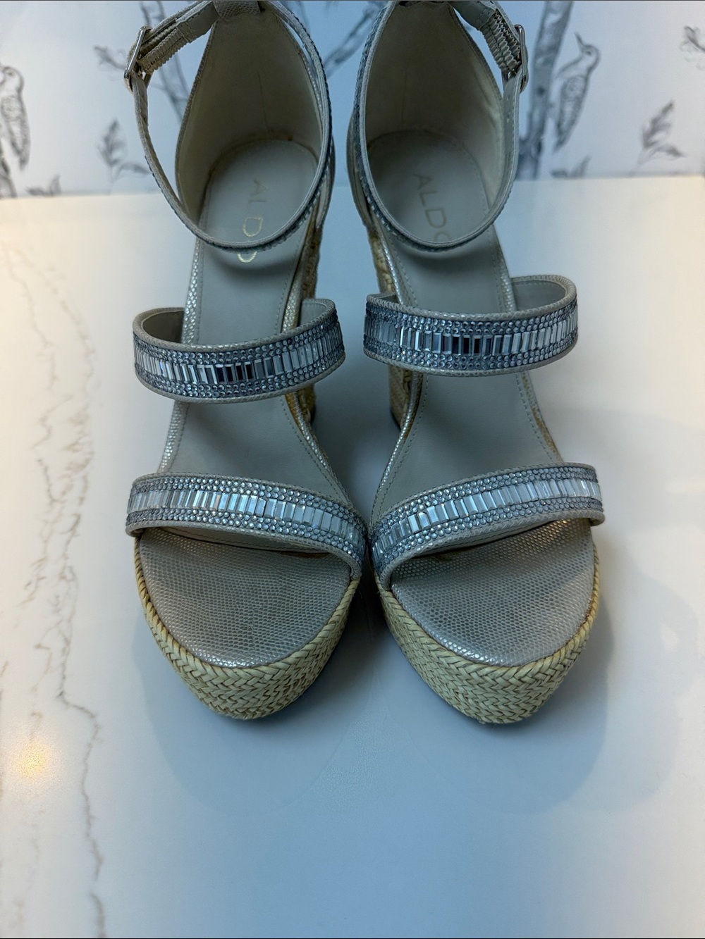 Aldo Silver Beaded Espadrille Wedge Sandals